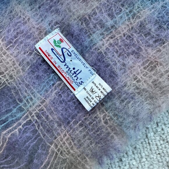 Vintage 60s Pastel Plaid Purple/Pink Fringe Mohair Wool Large 18x72 Rectangle Sc - Picture 5 of 5